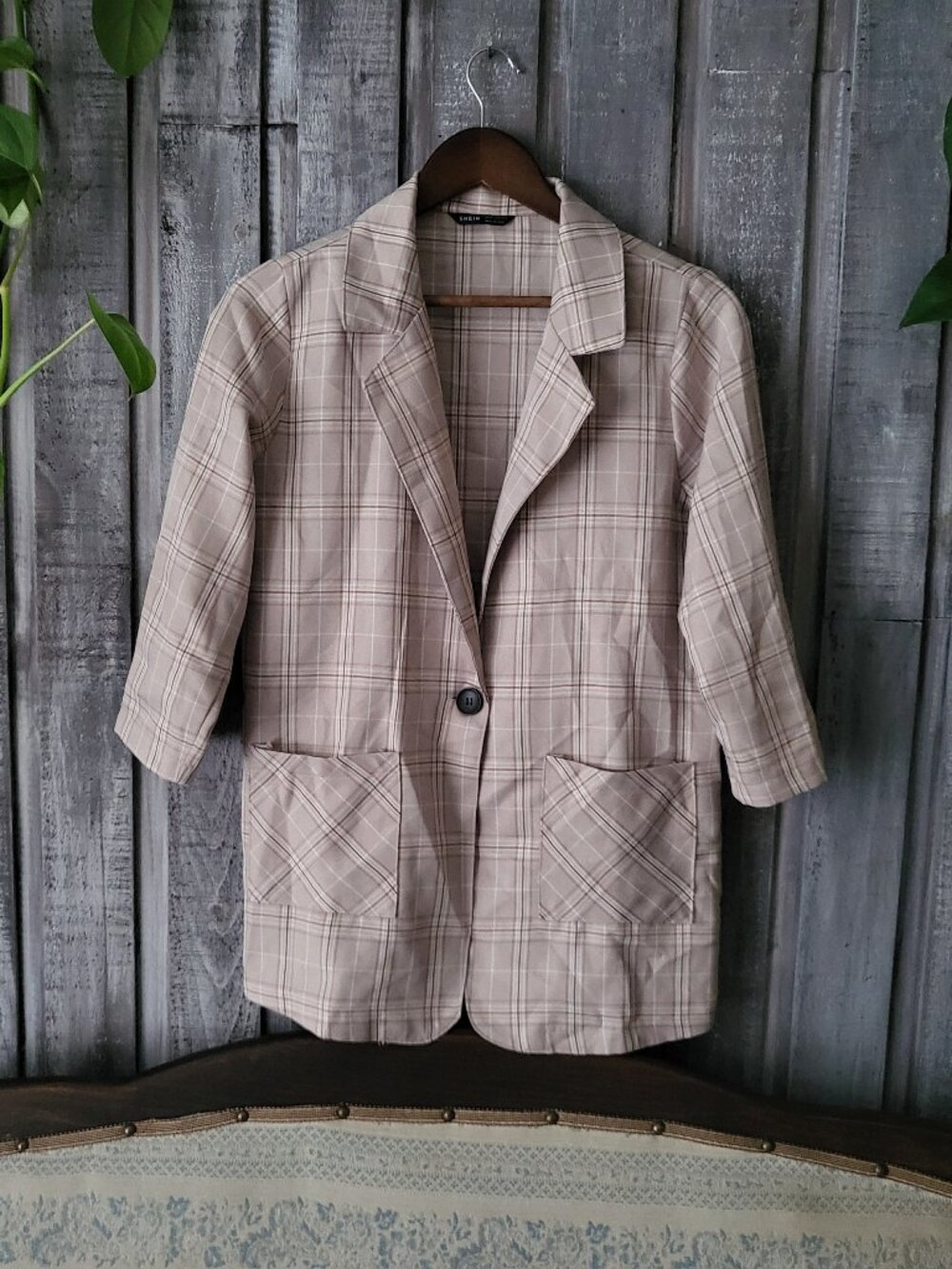 Plaid Single Button Blazer Jacket Neutral Tan Beige Checked Medium